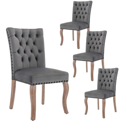 Lot De 4 Chaises De Salle à Manger En Velours Gris, Dossier Avec Anneau Décoratif, Pieds En Bois