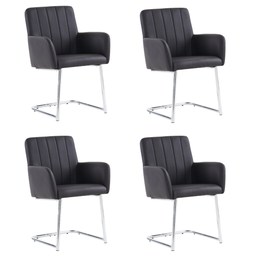 Lot De 4 Chaises De Salle à Manger Avec Accoudoirs Rembourrés, Pieds En Métal Argenté, Pu Noir