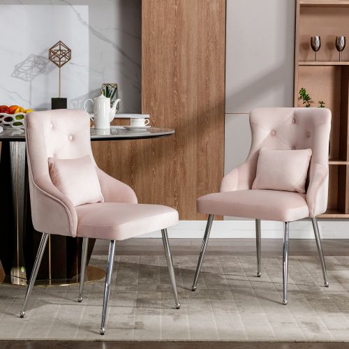 Lot De 2 Chaises De Salle à Manger Avec Coussins Lombaires, Pieds En Métal Argenté, Velours Rose