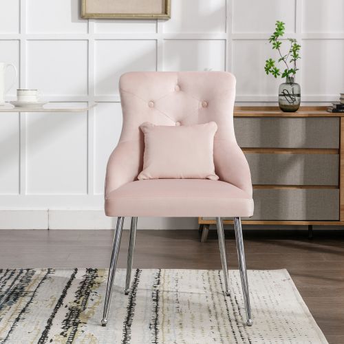 Chaise De Salle à Manger Rose En Velours Avec Coussin Lombaire, Pieds En Métal, 1 Pièce