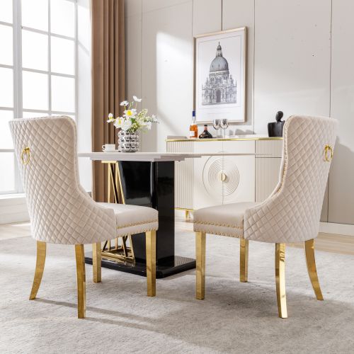 Lot De 2 Chaises De Salle à Manger En Velours Beige, Avec Clous De Tapissier, Pieds En Métal Doré