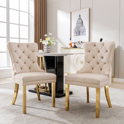 Lot De 2 Chaises De Salle à Manger En Velours Beige, Avec Clous De Tapissier, Pieds En Métal Doré