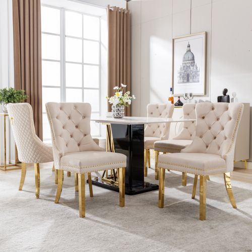 Lot De 6 Chaises De Salle à Manger En Velours Beige, Avec Clous De Tapissier, Pieds En Métal Doré