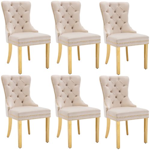 Lot De 6 Chaises De Salle à Manger En Velours Beige, Avec Clous De Tapissier, Pieds En Métal Doré