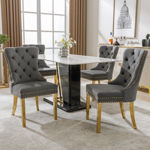 Lot De 4 Chaises De Salle à Manger En Velours Gris, Avec Clous De Tapissier, Pieds En Métal Doré