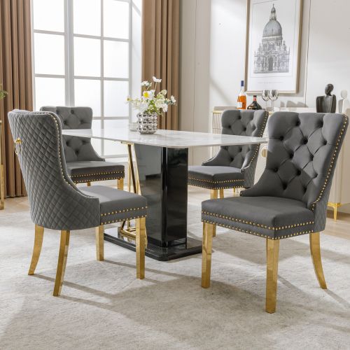 Lot De 4 Chaises De Salle à Manger En Velours Gris, Avec Clous De Tapissier, Pieds En Métal Doré