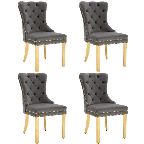 Lot De 4 Chaises De Salle à Manger En Velours Gris, Avec Clous De Tapissier, Pieds En Métal Doré