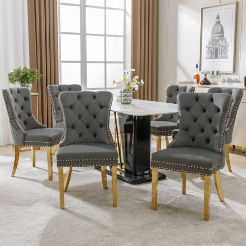 Lot De 6 Chaises De Salle à Manger En Velours Gris, Avec Clous De Tapissier, Pieds En Métal Doré