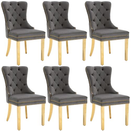 Lot De 6 Chaises De Salle à Manger En Velours Gris, Avec Clous De Tapissier, Pieds En Métal Doré