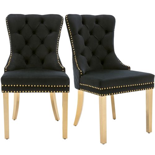 Lot De 2 Chaises De Salle à Manger En Velours Noir Avec Garniture Cloutée Dorée, Pieds En Métal