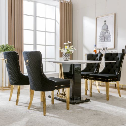 Lot De 4 Chaises De Salle à Manger En Velours Noir Avec Garniture Cloutée Dorée, Pieds En Métal
