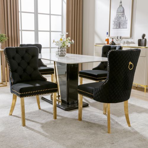 Lot De 4 Chaises De Salle à Manger En Velours Noir Avec Garniture Cloutée Dorée, Pieds En Métal