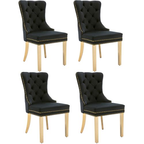 Lot De 4 Chaises De Salle à Manger En Velours Noir Avec Garniture Cloutée Dorée, Pieds En Métal
