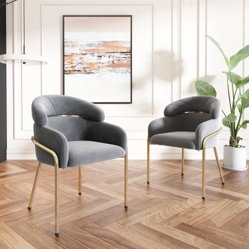 Lot De 2 Chaises De Salle à Manger En Velours Gris, Pieds En Métal Doré