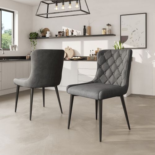 Lot De 2 Chaises De Salle à Manger En Velours Avec Motif à Boutons, Pieds En Métal, Gris Foncé