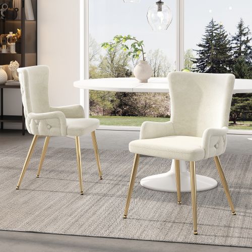 Lot De 2 Chaises De Salle à Manger En Velours Beige Avec Motif à Boutons, Pieds En Métal Doré