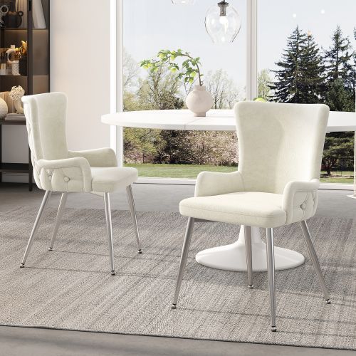 Lot De 6 Chaises De Salle à Manger En Velours Beige Avec Motif à Boutons, Pieds En Métal Argenté