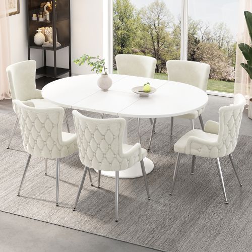 Lot De 6 Chaises De Salle à Manger En Velours Beige Avec Motif à Boutons, Pieds En Métal Argenté
