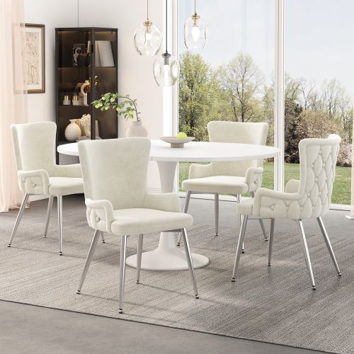 Lot De 6 Chaises De Salle à Manger En Velours Beige Avec Motif à Boutons, Pieds En Métal Argenté