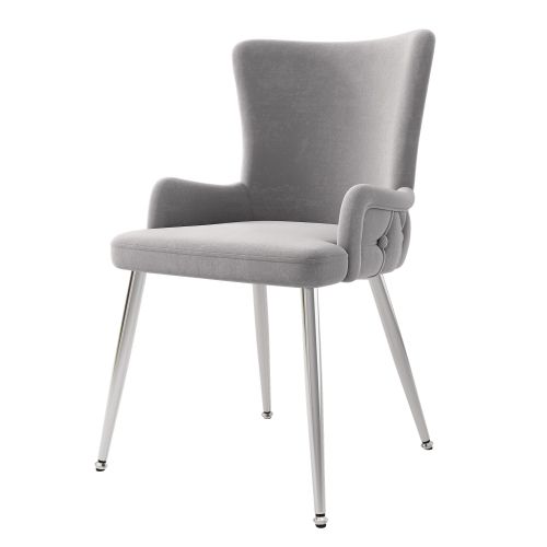 Lot De 2 Chaises De Salle à Manger En Velours Gris Avec Motif à Boutons, Pieds En Métal Argenté