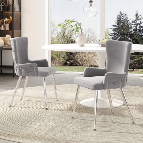 Lot De 6 Chaises De Salle à Manger En Velours Gris Avec Motif à Boutons, Pieds En Métal Argenté