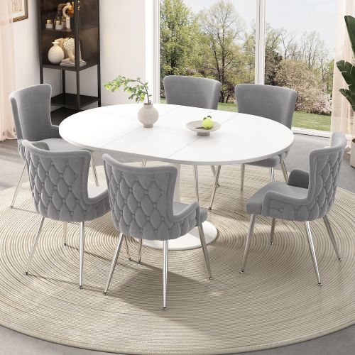 Lot De 6 Chaises De Salle à Manger En Velours Gris Avec Motif à Boutons, Pieds En Métal Argenté