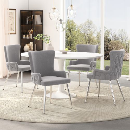Lot De 6 Chaises De Salle à Manger En Velours Gris Avec Motif à Boutons, Pieds En Métal Argenté