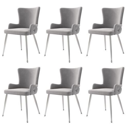 Lot De 6 Chaises De Salle à Manger En Velours Gris Avec Motif à Boutons, Pieds En Métal Argenté