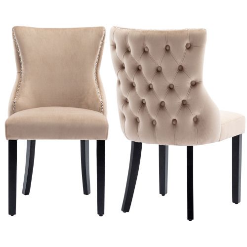 Lot De 2 Chaises De Salle à Manger En Velours Beige Avec Surpiqûres à Boutons, Pieds En Bois