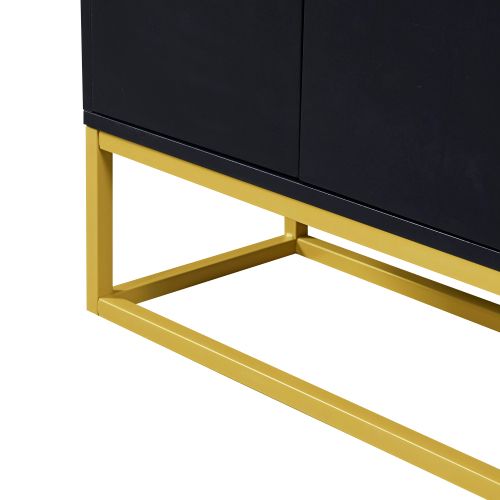 Buffet De Salon Noir Avec 4 Portes Sans Poignée, Piètement En Métal Doré, Plateau Avec Balustrade