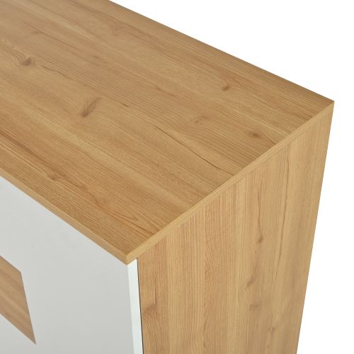 Buffet De Salon Blanc Et Bois Avec Éclairage LED, 2 Portes, 4 Tiroirs, 1 Étagères En Verre