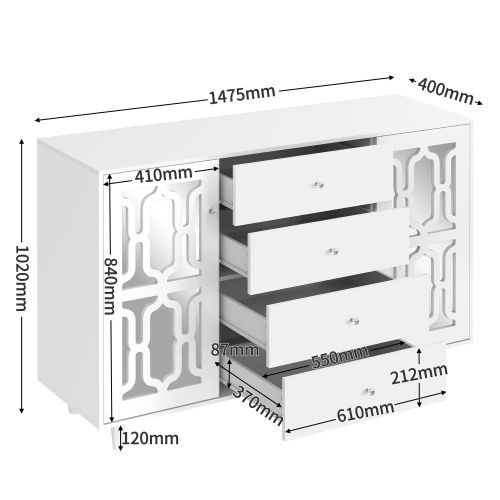 Buffet Miroir Blanc Avec Poignées En Cristal, 2 Portes, 4 Tiroirs