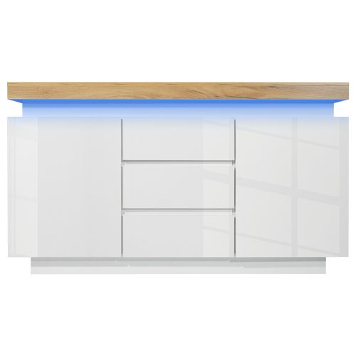 Buffet De Salon Blanc Avec 2 Portes, 3 Tiroirs, Éclairage LED, Plateau De Table En Bois, L 140 Cm