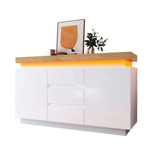 Buffet De Salon Blanc Avec 2 Portes, 3 Tiroirs, Éclairage LED, Plateau De Table En Bois, L 140 Cm