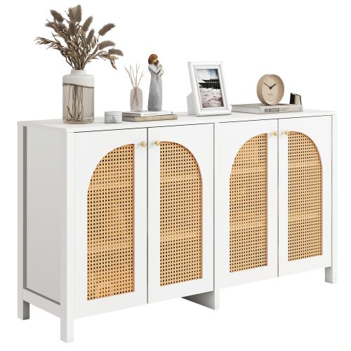 Buffet De Salon Blanc Avec 4 Portes En Rotin Et Poignées En Métal Doré