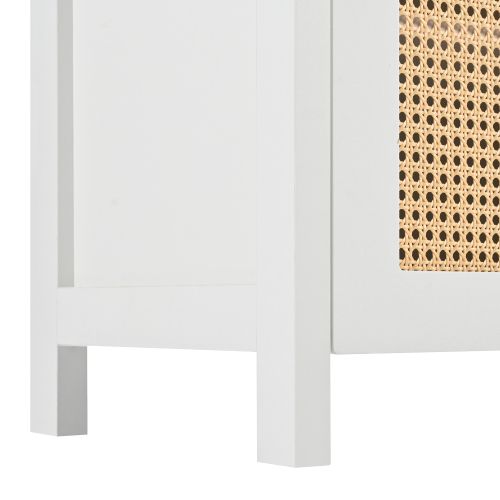 Buffet De Salon Blanc Avec 4 Portes En Rotin Et Poignées En Métal Doré