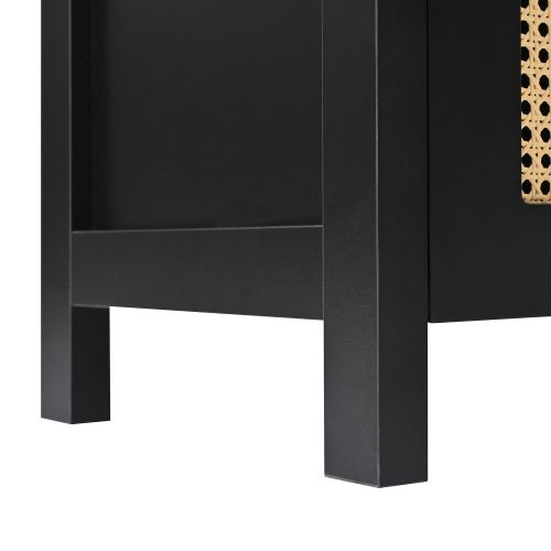 Buffet De Salon Noir Avec 4 Portes En Rotin Et Poignées En Métal Doré