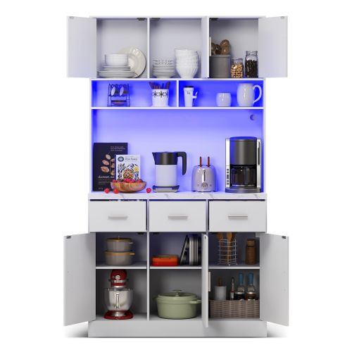 Buffet De Cuisine Blanc, Buffet Haut Avec Éclairage LED, Tiroirs, Portes, Rangements Ouverts
