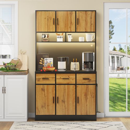 Buffet De Cuisine Bois Et Noir, Buffet Haut Avec Éclairage LED, Tiroirs, Portes, Rangements Ouverts