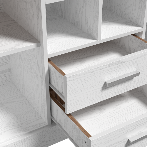 Buffet De Salon Blanc Avec 2 Portes, 2 Tiroirs, Plateau Grain De Bois Marron, Compartiments Ouverts