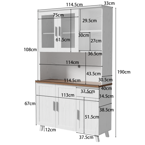 Buffet De Cuisine Blanc, Buffet Haut Avec Tiroir, 2 Compartiments Ouverts, Plateau En Grain De Bois