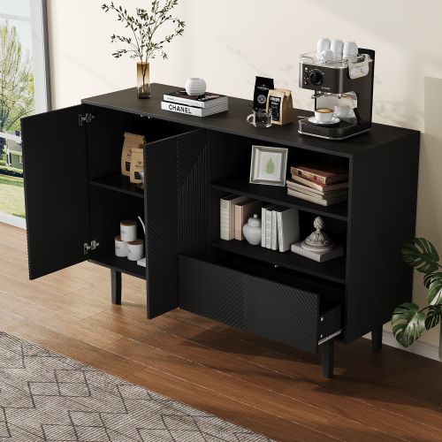 Buffet Rayé Noir Mat Avec 2 Portes Et 1 Tiroir, Espace De Rangement Ouvert