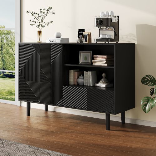 Buffet Rayé Noir Mat Avec 2 Portes Et 1 Tiroir, Espace De Rangement Ouvert