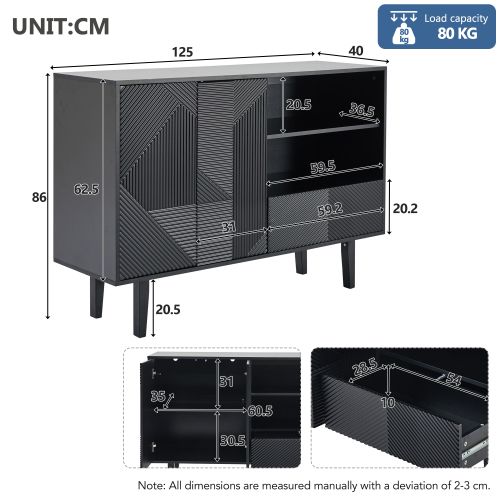 Buffet Rayé Noir Mat Avec 2 Portes Et 1 Tiroir, Espace De Rangement Ouvert