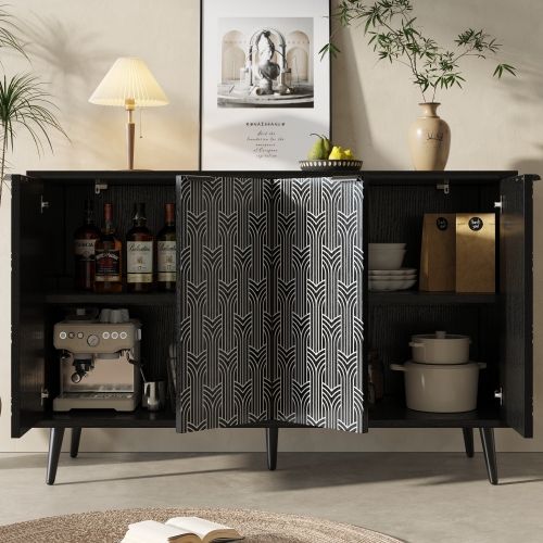 Buffet De Cuisine Noir Avec 4 Portes Sculptées à Chevrons, Anti-basculement