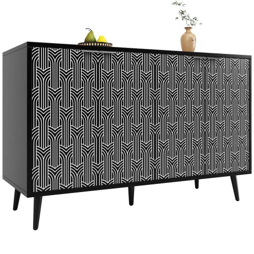 Buffet De Cuisine Noir Avec 4 Portes Sculptées à Chevrons, Anti-basculement