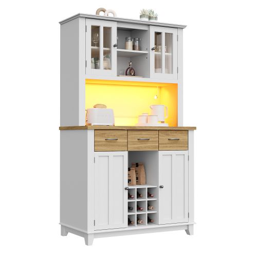 Buffet Blanc Et Bois, Buffet Haut Avec LED, 3 Tiroirs, 4 Portes, Casier à Vin, Rangement Ouvert