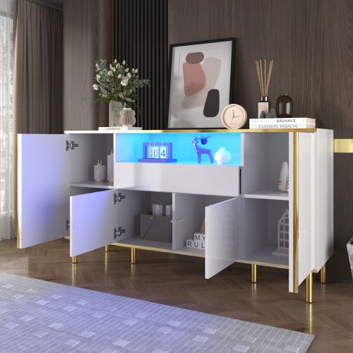 Buffet De Salon Blanc Brillant Avec LED, Tiroir, 1 Compartiment Ouvert, Bordure Dorée, Sans Poignées