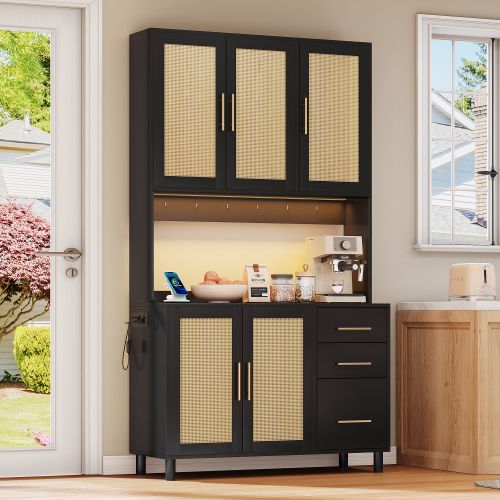 Buffet De Cuisine Noir Avec LED, 2 USB, 2 Prises, 5 Portes En Rotin, 3 Tiroirs, Poignées En Métal