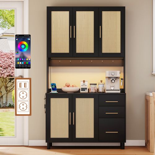 Buffet De Cuisine Noir Avec LED, 2 USB, 2 Prises, 5 Portes En Rotin, 3 Tiroirs, Poignées En Métal